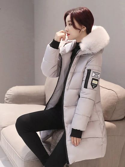 Women Winter Fur Collar Hooded Parka Fashion Letter Patch Zipper Pockets Design Long Jacket Elegant Slim Warm Thick Female Coats