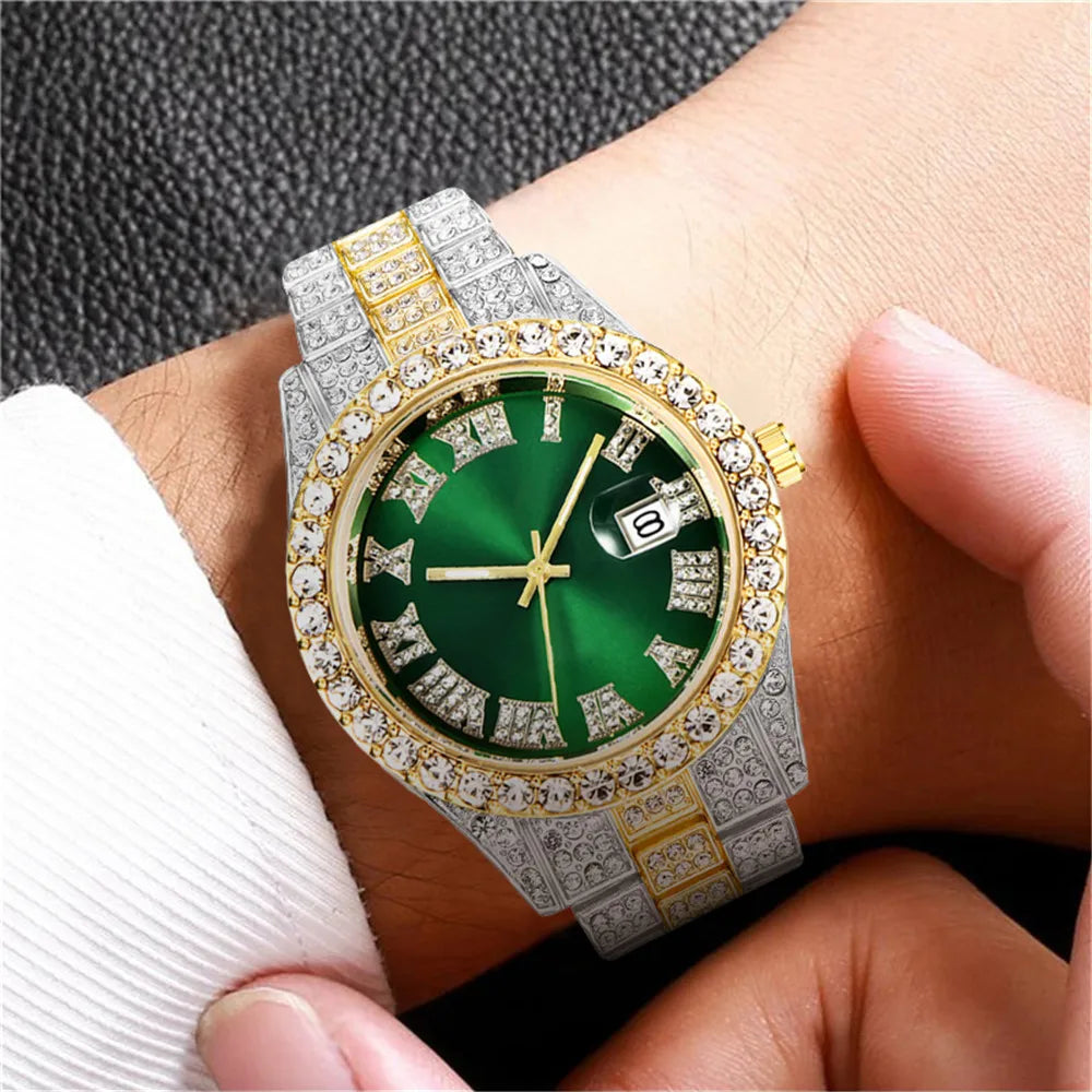 Fashion Full Diamond Men's Watch Stainless Steel Band Male Quartz Wristwatches Date Calendar Watches