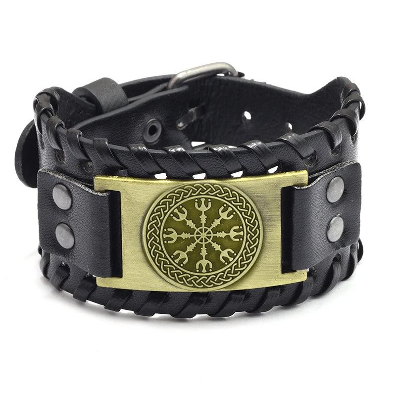 New Trendy Wide Leather Pirate Compass Bracelet Men's Bracelet Fashion Metal Compass Pattern Bracelet Accessories Party Jewelry