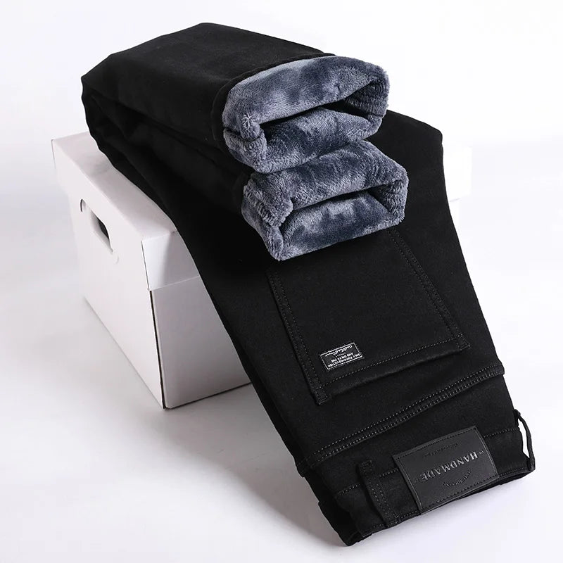 Winter Fleece Thick Warm Jeans Men's Slim Straight Elastic Denim Pants Casual Male Clothing Fashion Plush Trousers