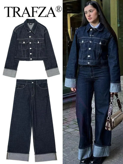 TRAFZA Women Vintage Denim Jacket Pant Sets Single Breasted Lapel Long Sleeve Coat Wide Leg Trousers Jeans High Street Outfits