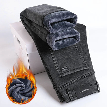 Winter Fleece Thick Warm Jeans Men's Slim Straight Elastic Denim Pants Casual Male Clothing Fashion Plush Trousers