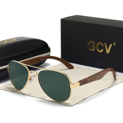 GCV 2022 New Handmade Wood Pilot Sunglasses Polarized Men's Glasses UV400 Protection Mirror Eyewear Walnut Wooden Oculos G369