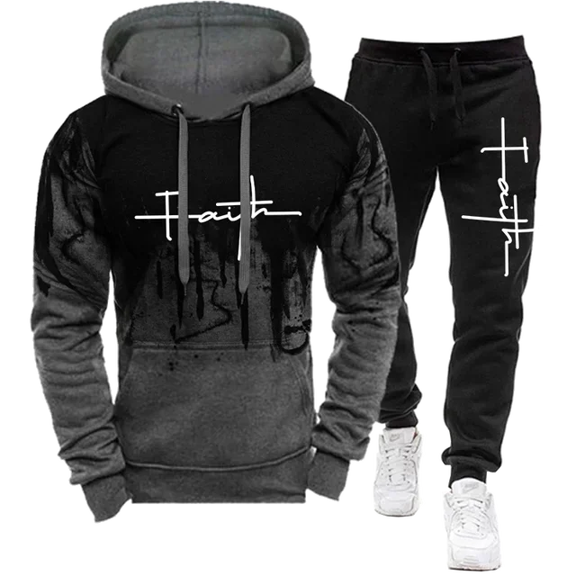 Fashion Faith Print Autumn Men's Casual Tracksuit Men Sweatshirts and Sweatpants Two Pieces Sets Sportswear Plus Size customized