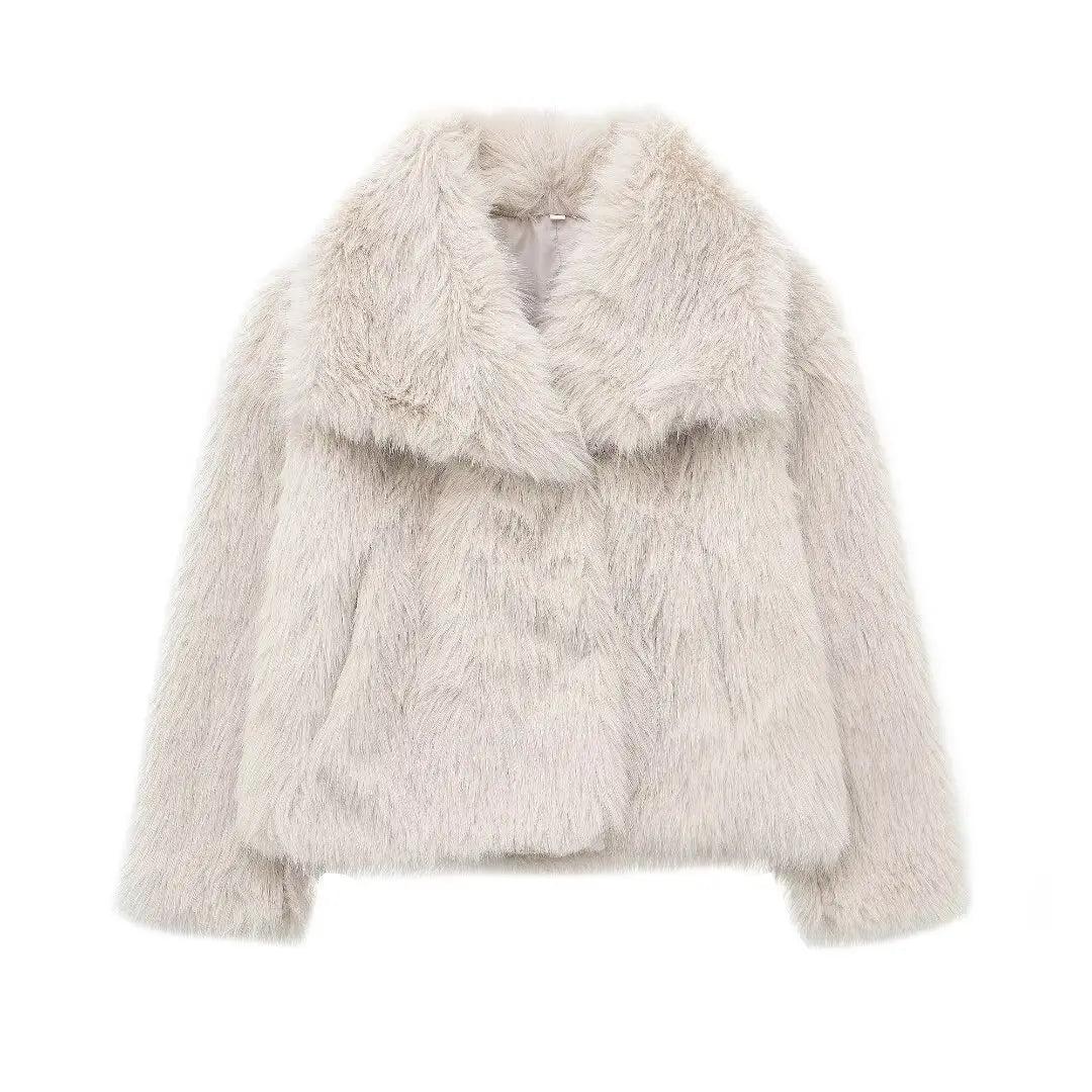 TRAF 2024 Women Fashion Cropped Faux Fur Jacket Coat Long Sleeve Front Snap-button Female Outerwear Chic Lapel Collar Thick Coat