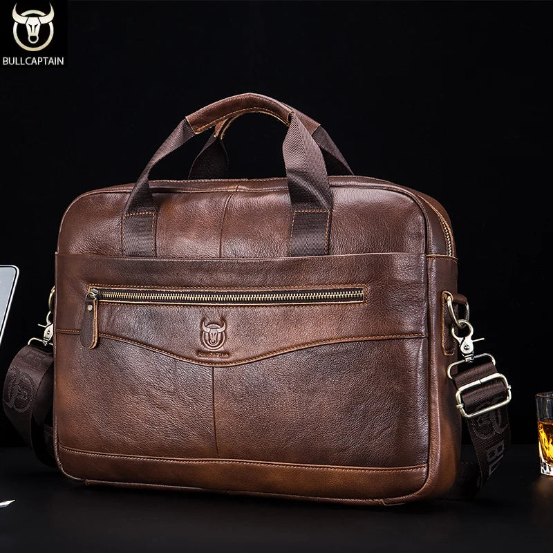 BULLCAPTAIN Briefcase Shoulder Messenger Bags Men's Genuine Leather 14-inch Laptop Bag's Men's Briefcase Office Business Handbag