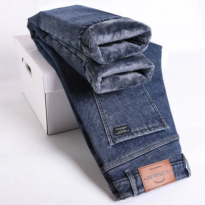 Winter Fleece Thick Warm Jeans Men's Slim Straight Elastic Denim Pants Casual Male Clothing Fashion Plush Trousers