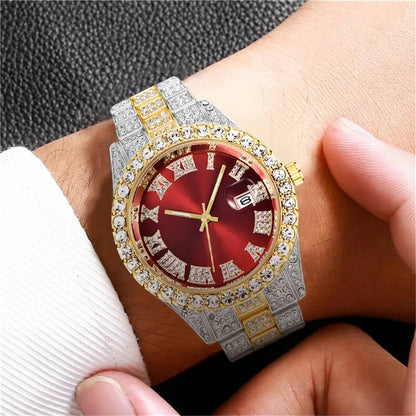 Fashion Full Diamond Men's Watch Stainless Steel Band Male Quartz Wristwatches Date Calendar Watches