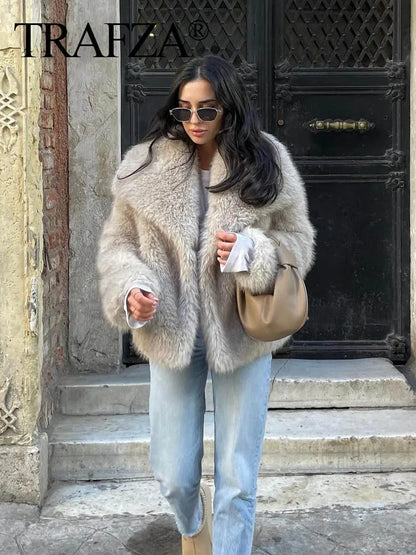 TRAF 2024 Women Fashion Cropped Faux Fur Jacket Coat Long Sleeve Front Snap-button Female Outerwear Chic Lapel Collar Thick Coat