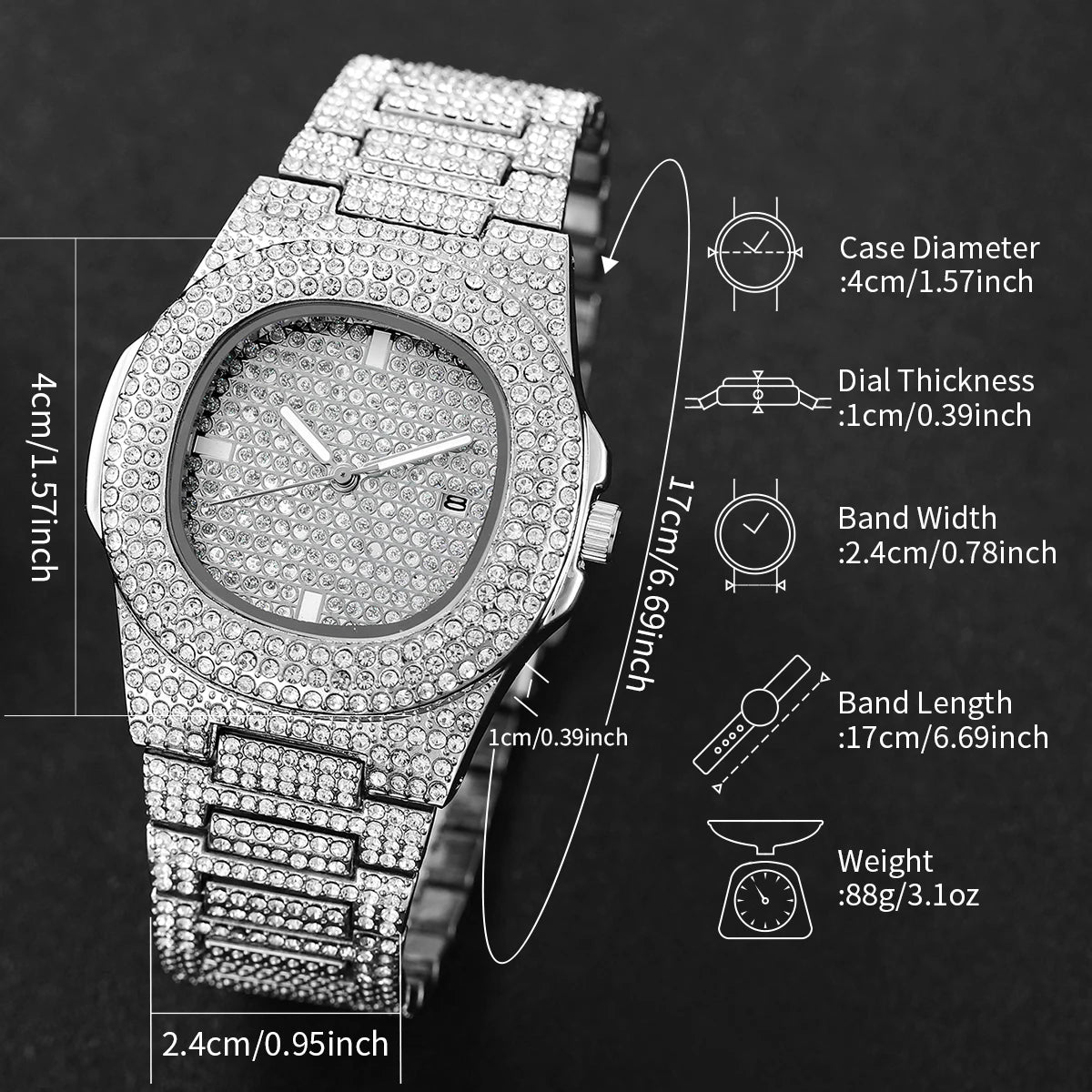 Luxury Full Diamond Men's Stainless Steel Watches Male Sports Quartz Wristwatch with Calendar