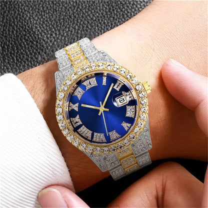 Fashion Full Diamond Men's Watch Stainless Steel Band Male Quartz Wristwatches Date Calendar Watches