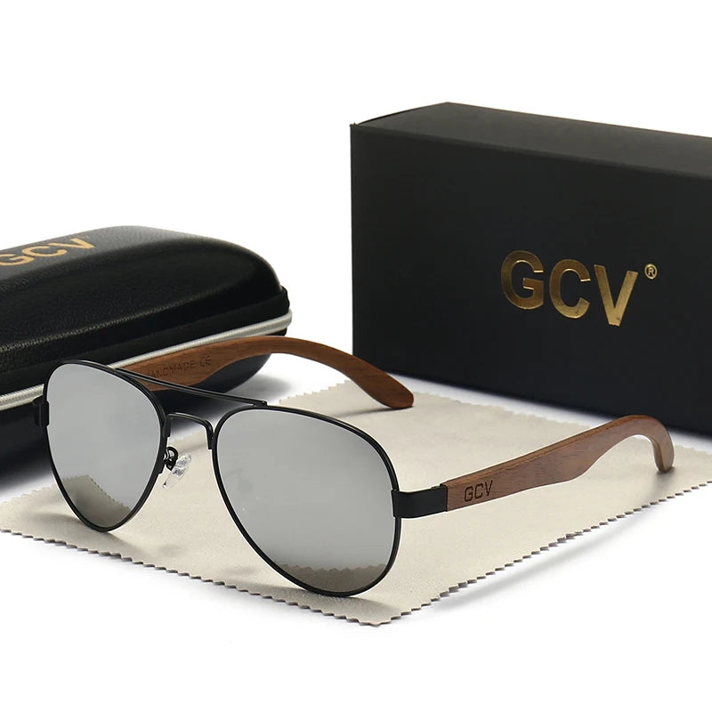 GCV 2022 New Handmade Wood Pilot Sunglasses Polarized Men's Glasses UV400 Protection Mirror Eyewear Walnut Wooden Oculos G369