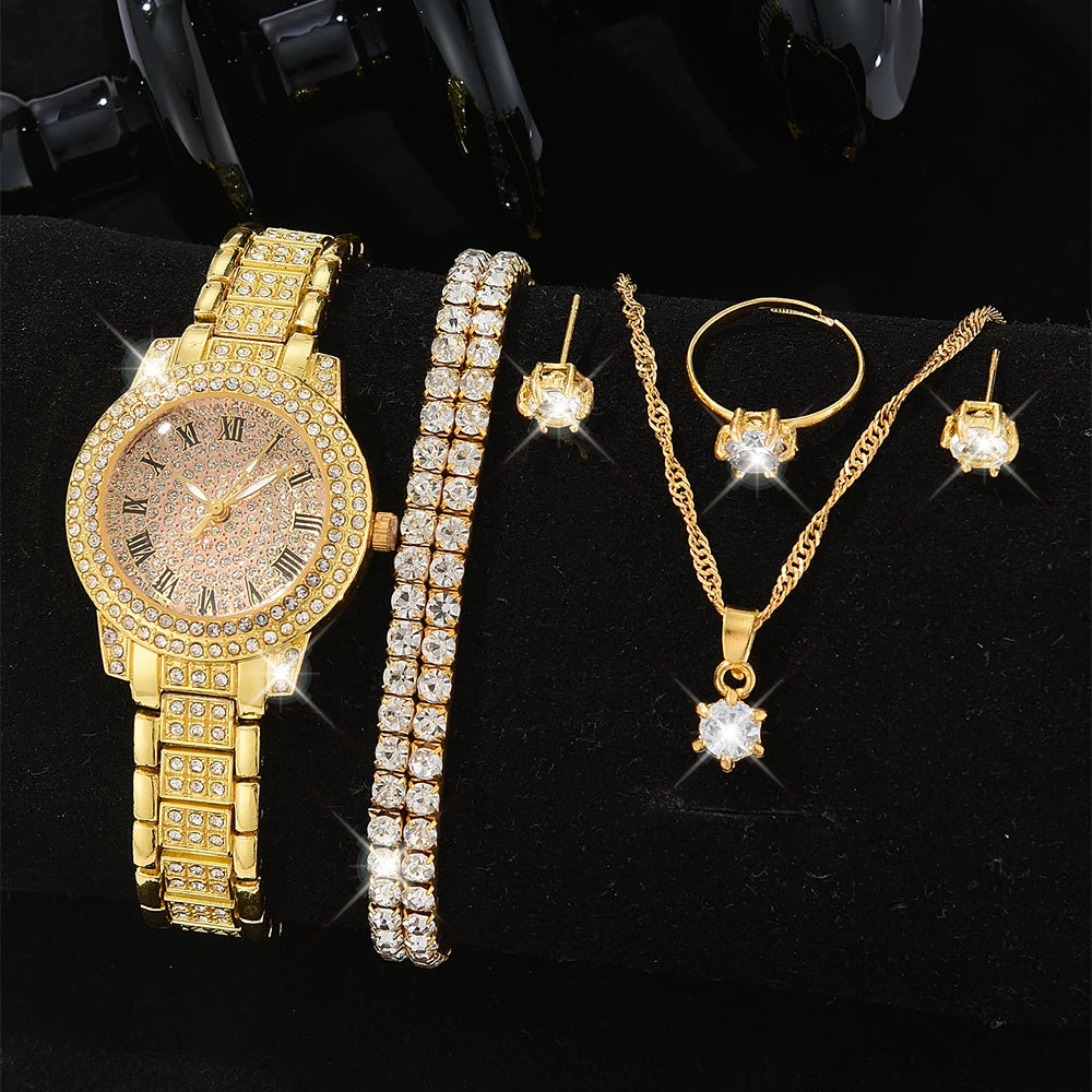 Luxury Women Gold Watch Fashion Ladies Quartz Diamond Wristwatch Elegant Female Bracelet Watches Set Reloj Mujer