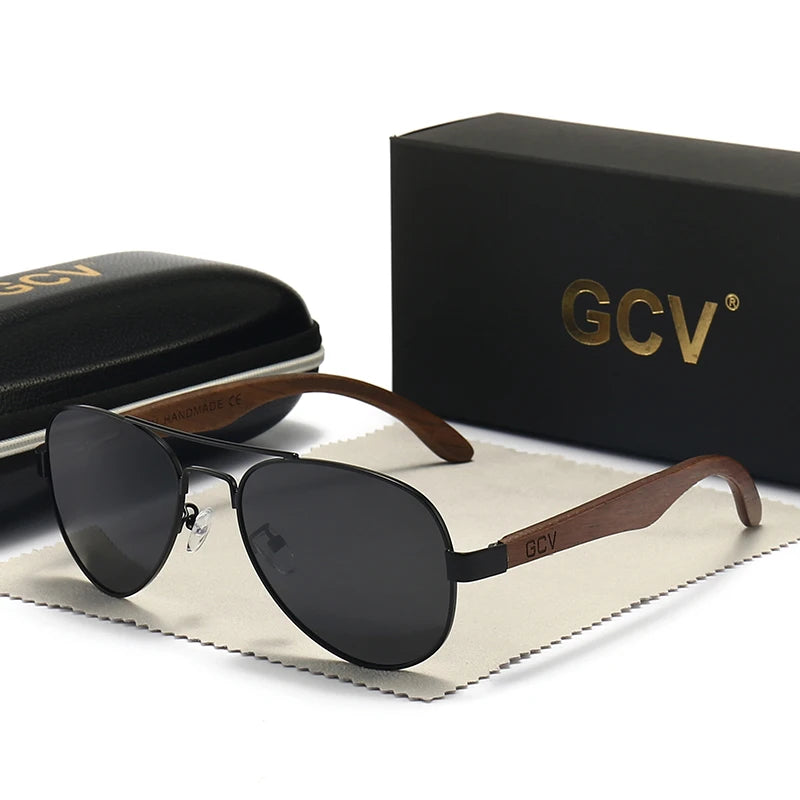 GCV 2022 New Handmade Wood Pilot Sunglasses Polarized Men's Glasses UV400 Protection Mirror Eyewear Walnut Wooden Oculos G369