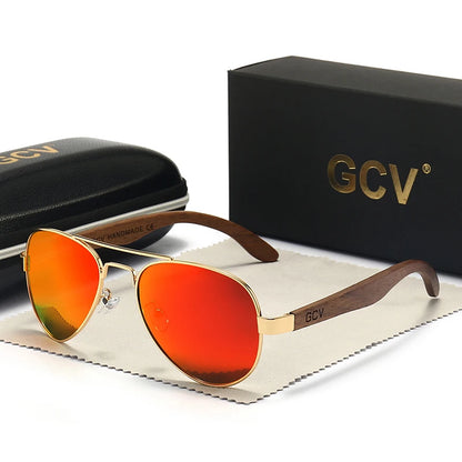 GCV 2022 New Handmade Wood Pilot Sunglasses Polarized Men's Glasses UV400 Protection Mirror Eyewear Walnut Wooden Oculos G369